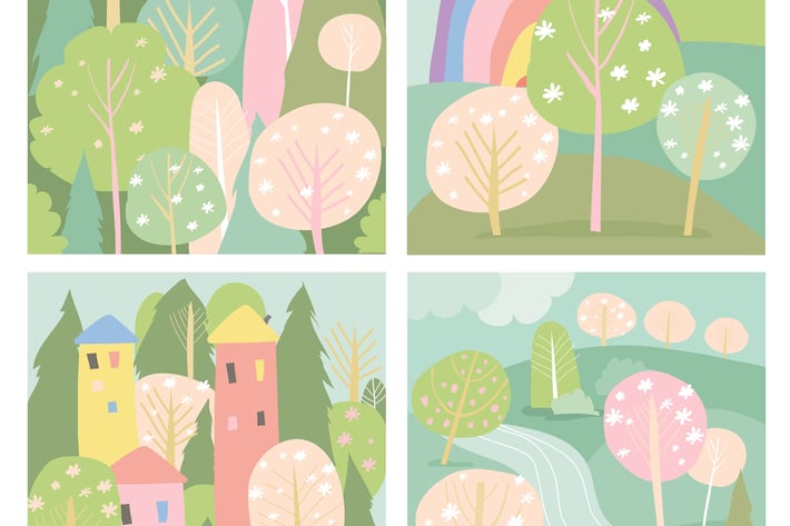 Set of spring lanscape in flat style. Vector illus