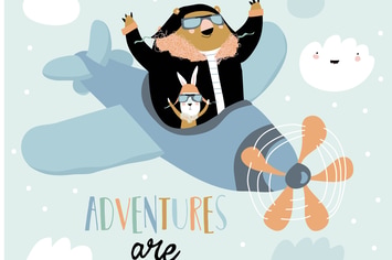 Cute bear and rabbit on a plane in the sky. Vector