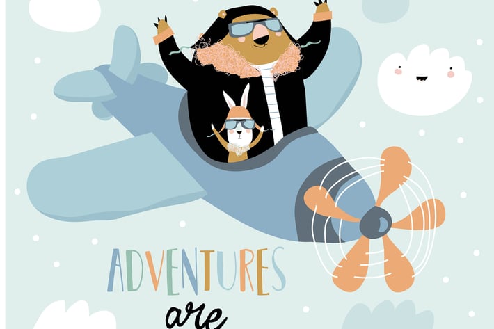 Cute bear and rabbit on a plane in the sky. Vector
