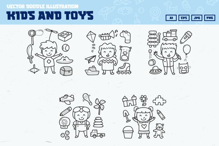 Kids and toy doodle collection