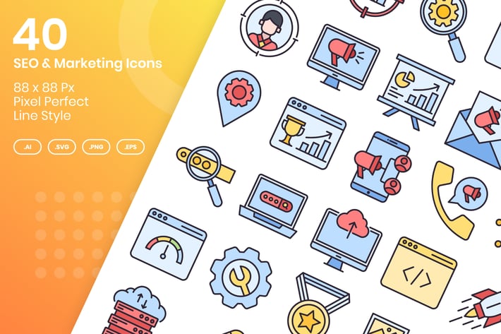 40 SEO & Marketing Icons Set - Filled Line