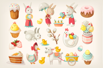 Easter characters, animals and food
