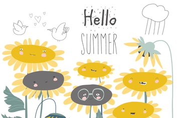 Cute cartoon smiling sunflowers. Flowers with smil