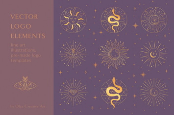Golden Sacred Sun Designs. Tattoo Illustrations.