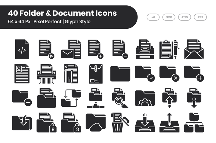 40 Folder & Document Icons Set - Glyph