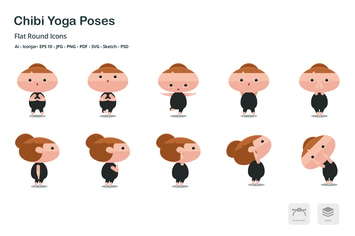 Chibi Yoga Poses Flat Colored Icons