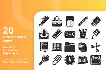 20 Office Material Icons Set - Glyph