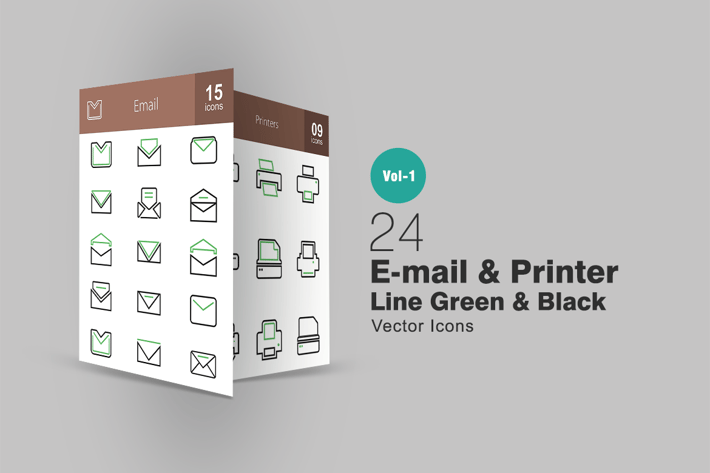 24 Email & Printer Line Green & Black Icons