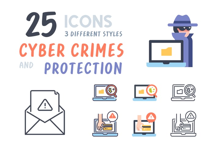Cyber crimes and Protection icon set