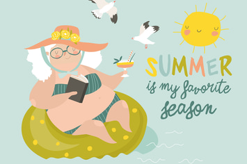 Old lady swimming in a pool with a cocktail. 