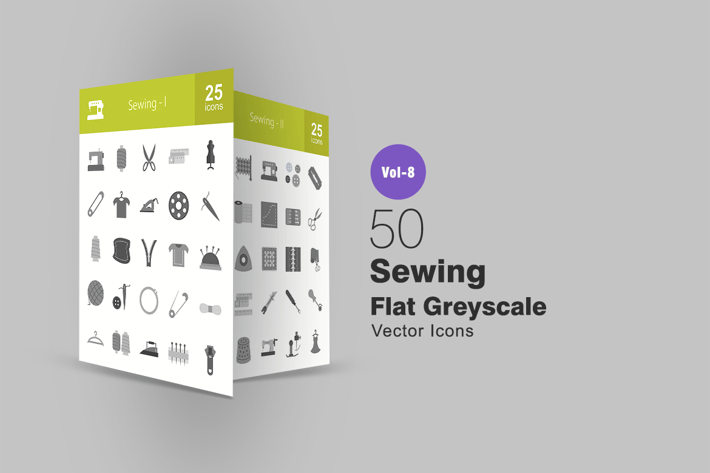 50 Sewing Flat Greyscale Icons