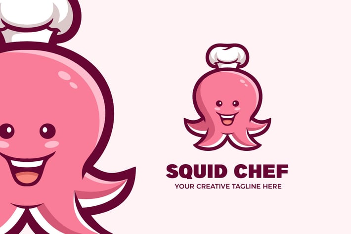 Cute Squid Chef Mascot Character Logo Template