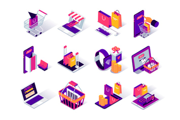 Online Shopping Isometric Icons Set