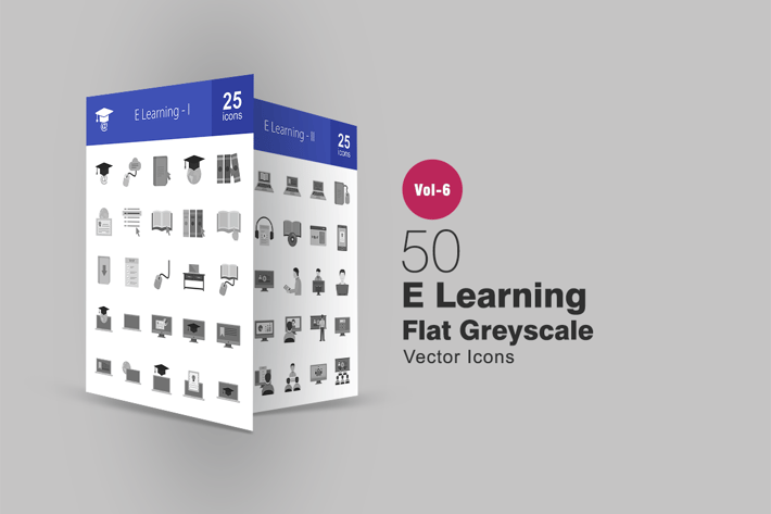 50 E Learning Flat Greyscale Icons