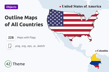 Outline maps with national flags of all countries