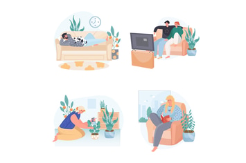 People Spend Weekend At Home Concept Scenes Set
