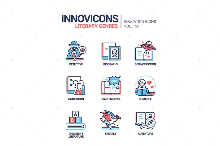 Literary genres - line design style icons set