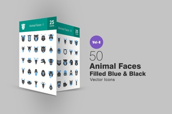 50 Animal Faces Filled Blue & Black Icons