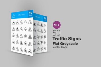 50 Traffic Signs Greyscale Icons