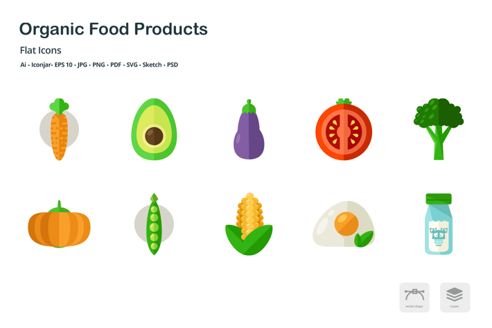Organic Food Products Flat Colored Icons