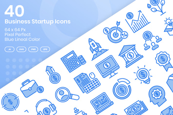 40 Business Startup Icons Set - Blue Lineal Color