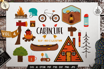 Cabin Life Clip Art Collection. Hiking Icons Set