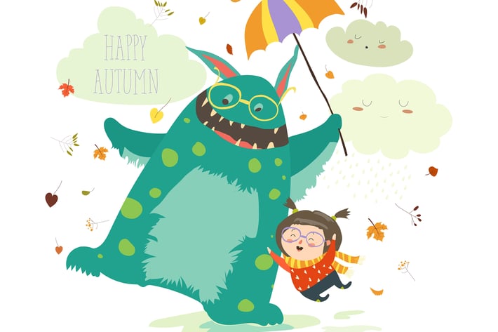 Happy girl with her monster. Vector illustration