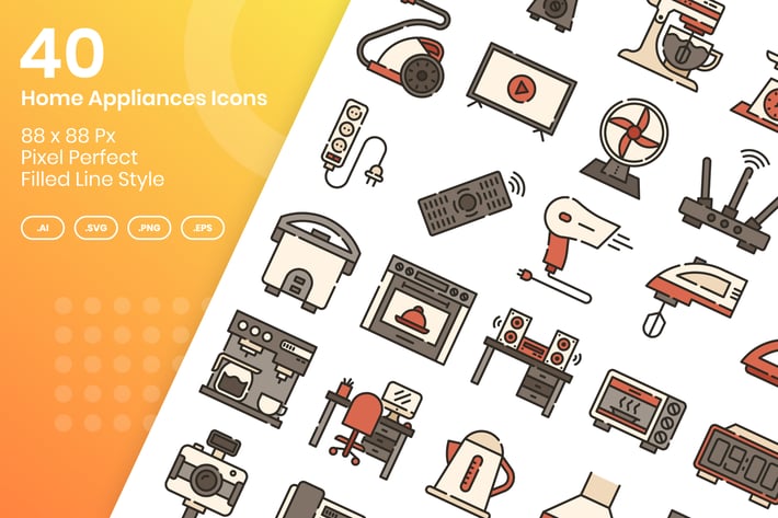 40 Home Appliances Icons Set - Filled Line