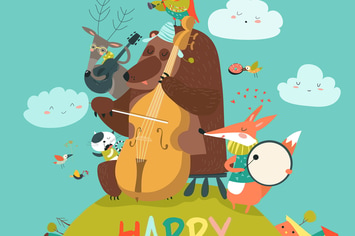 Vector cute Birthday card with animals and music