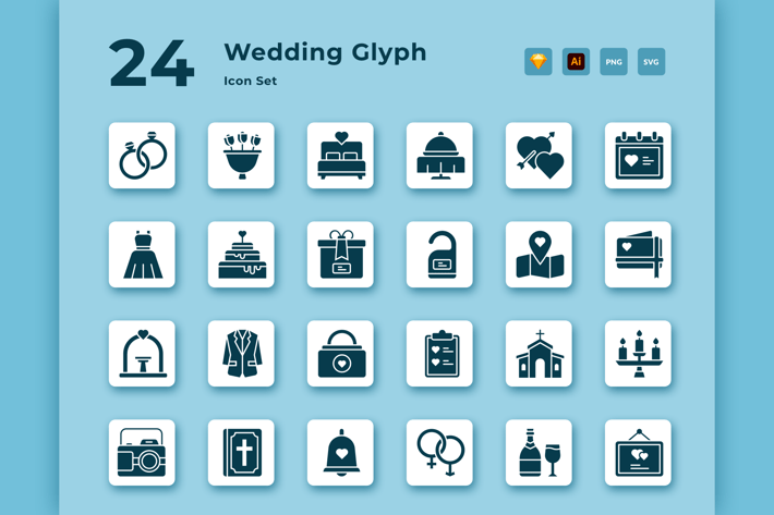 24 Wedding Glyph Vector Icon Pack