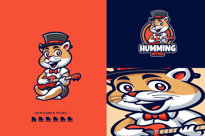 Cat Guitarist Cartoon Character Mascot Logo