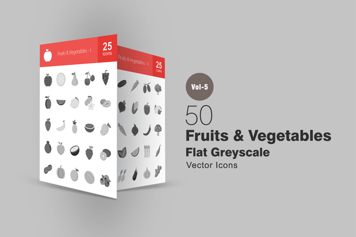50 Fruits & Vegetables Greyscale Icons