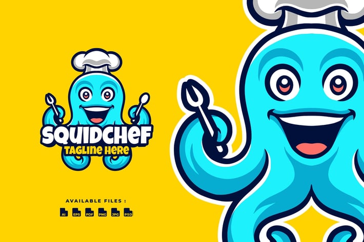 Squid Chef Cartoon Business Mascot Logo