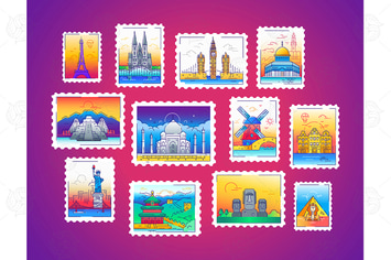 Stamps - line travel, world landmarks illustration
