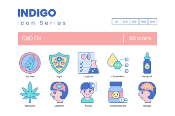 90 CBD Oil Line Icons