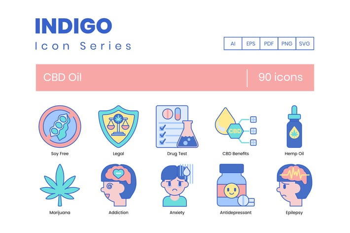 90 CBD Oil Line Icons