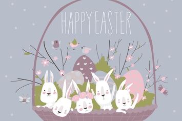 Cute cartoon bunny with Easter eggs and flowers. 
