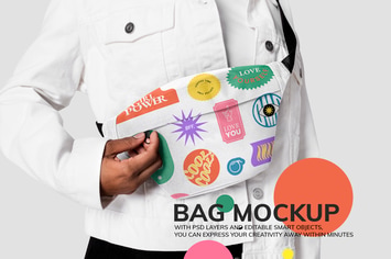 Woman using printed fanny pack bag mockup 