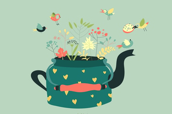 Cute teapot with spring herbs and birds