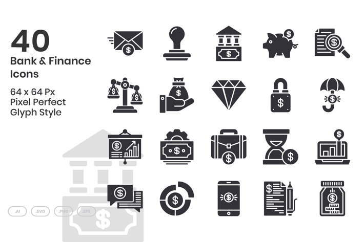 40 Bank & Finance Icons Set - Glyph
