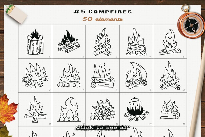 Campfires Icons Set Line Art Graphics Symbols