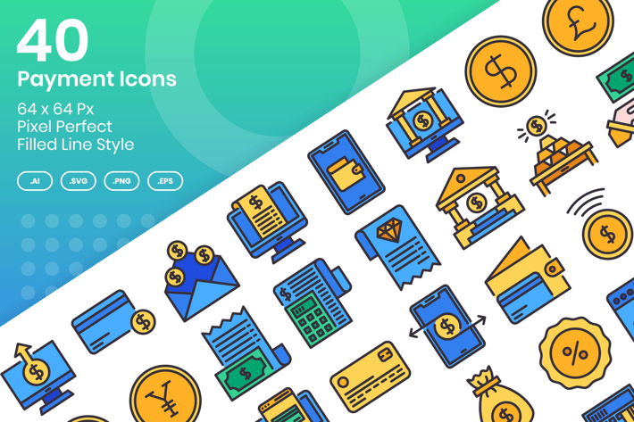 40 Payment Icons Set - Filled Line