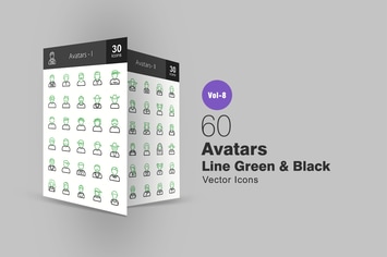 60 Avatars Green & Black Line Icons