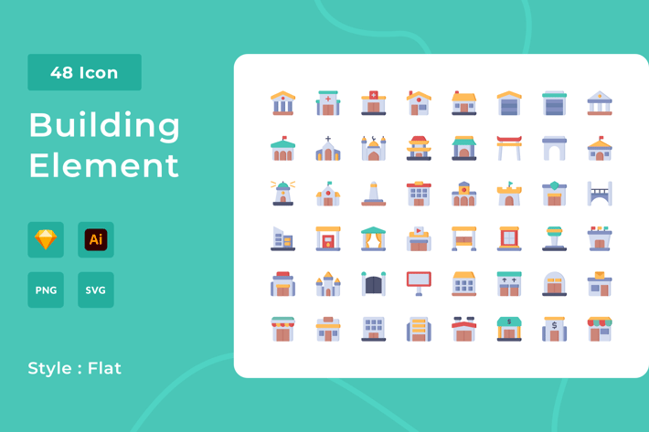 48 Building Element Flat Style Icon Pack