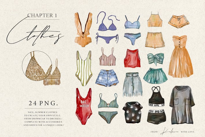 Watercolor summer clothes, shoes and accessories