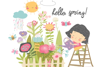 Happy girl watering flowers from a watering can in