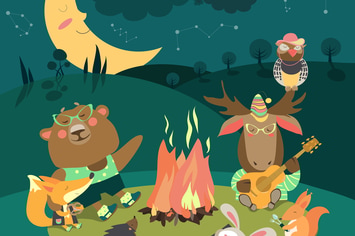 Cute animals resting around bonfire. Vector 