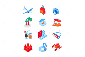 Beach vacation and traveling - isometric icons