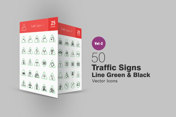 50 Traffic Signs Line Green & Black Icons