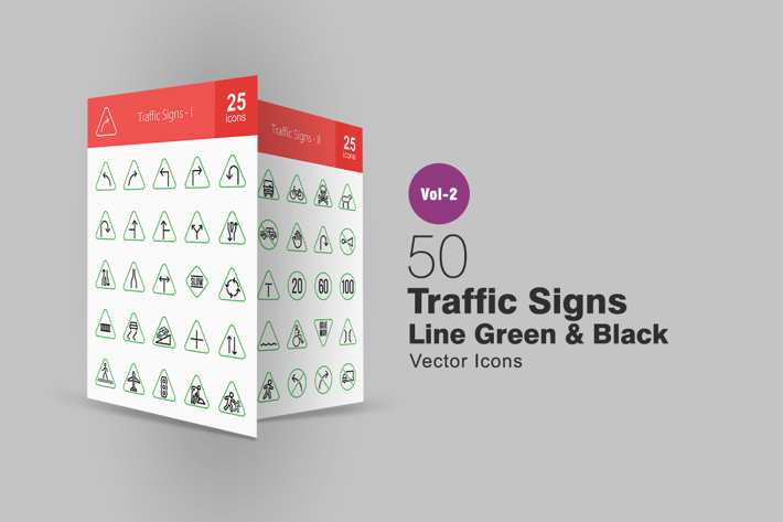 50 Traffic Signs Line Green & Black Icons
